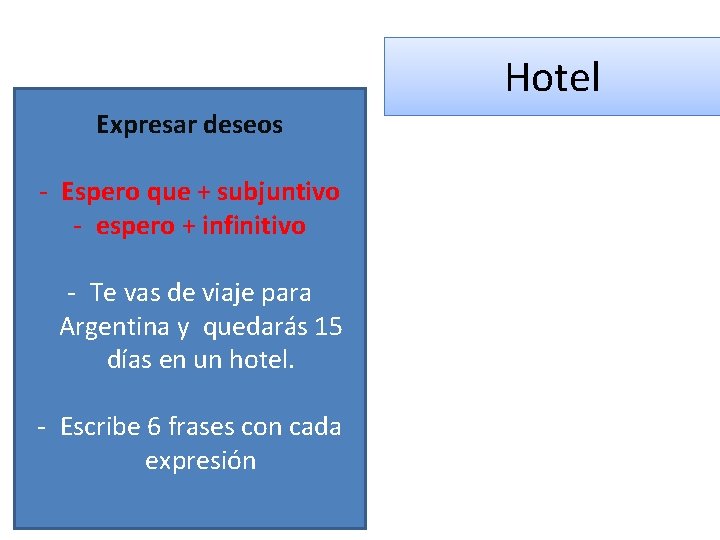 Hotel Expresar deseos - Espero que + subjuntivo - espero + infinitivo - Te
