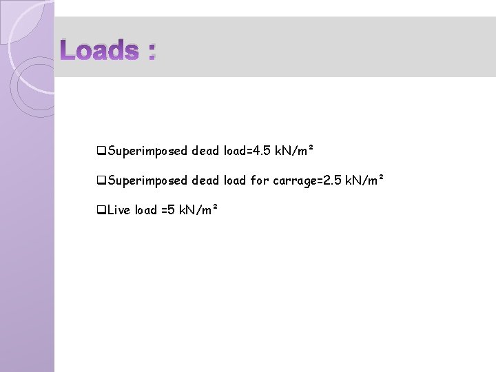 Loads : q. Superimposed dead load=4. 5 k. N/m² q. Superimposed dead load for