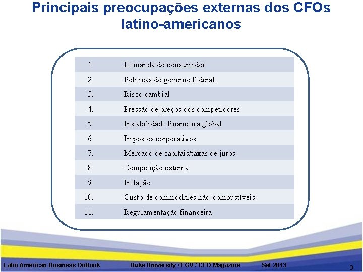 Principais preocupações externas dos CFOs latino-americanos 1. Demanda do consumidor 2. Políticas do governo