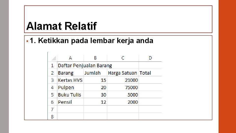 Alamat Relatif • 1. Ketikkan pada lembar kerja anda 