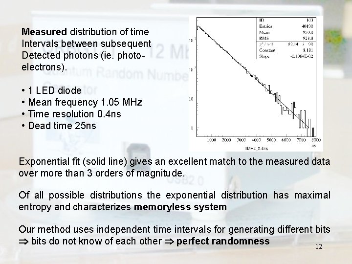 Measured distribution of time Intervals between subsequent Detected photons (ie. photoelectrons). • 1 LED