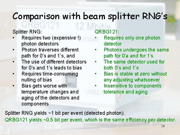 Comparison with beam splitter RNG’s Splitter RNG: • Requires two (expensive !) photon detectors