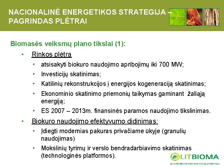 NACIONALINĖ ENERGETIKOS STRATEGIJA – PAGRINDAS PLĖTRAI Biomasės veiksmų plano tikslai (1): • Rinkos plėtra