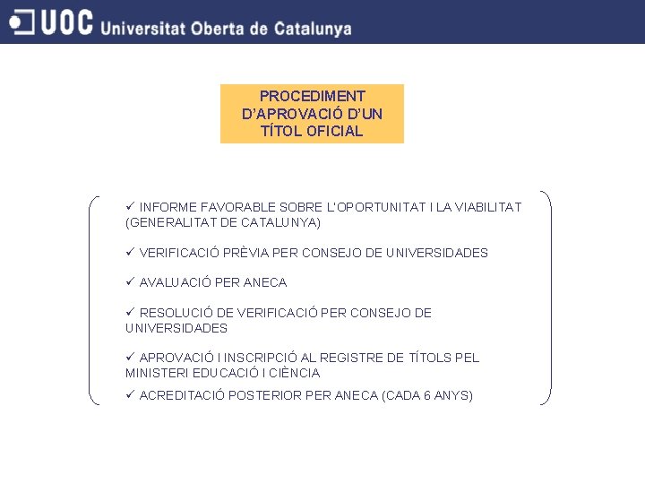 PROCEDIMENT D’APROVACIÓ D’UN TÍTOL OFICIAL ü INFORME FAVORABLE SOBRE L’OPORTUNITAT I LA VIABILITAT (GENERALITAT