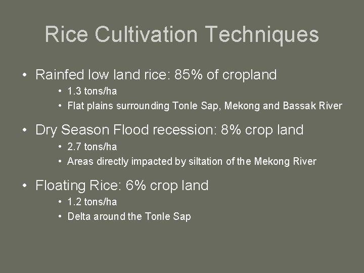Rice Cultivation Techniques • Rainfed low land rice: 85% of cropland • 1. 3