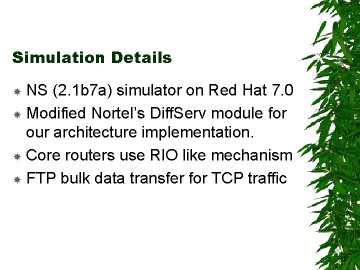 Simulation Details NS (2. 1 b 7 a) simulator on Red Hat 7. 0