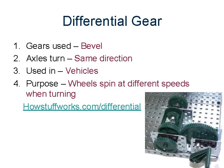 Differential Gear 1. 2. 3. 4. Gears used – Bevel Axles turn – Same