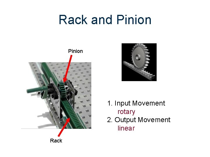 Rack and Pinion 1. Input Movement rotary 2. Output Movement linear Rack 