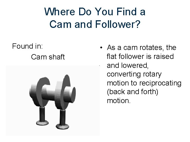 Where Do You Find a Cam and Follower? Found in: Cam shaft • As