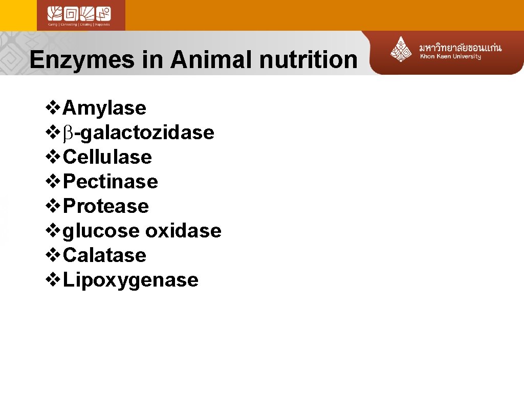 Enzymes in Animal nutrition v. Amylase v -galactozidase v. Cellulase v. Pectinase v. Protease