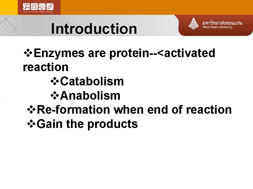 Introduction v. Enzymes are protein--<activated reaction v. Catabolism v. Anabolism v. Re-formation when end