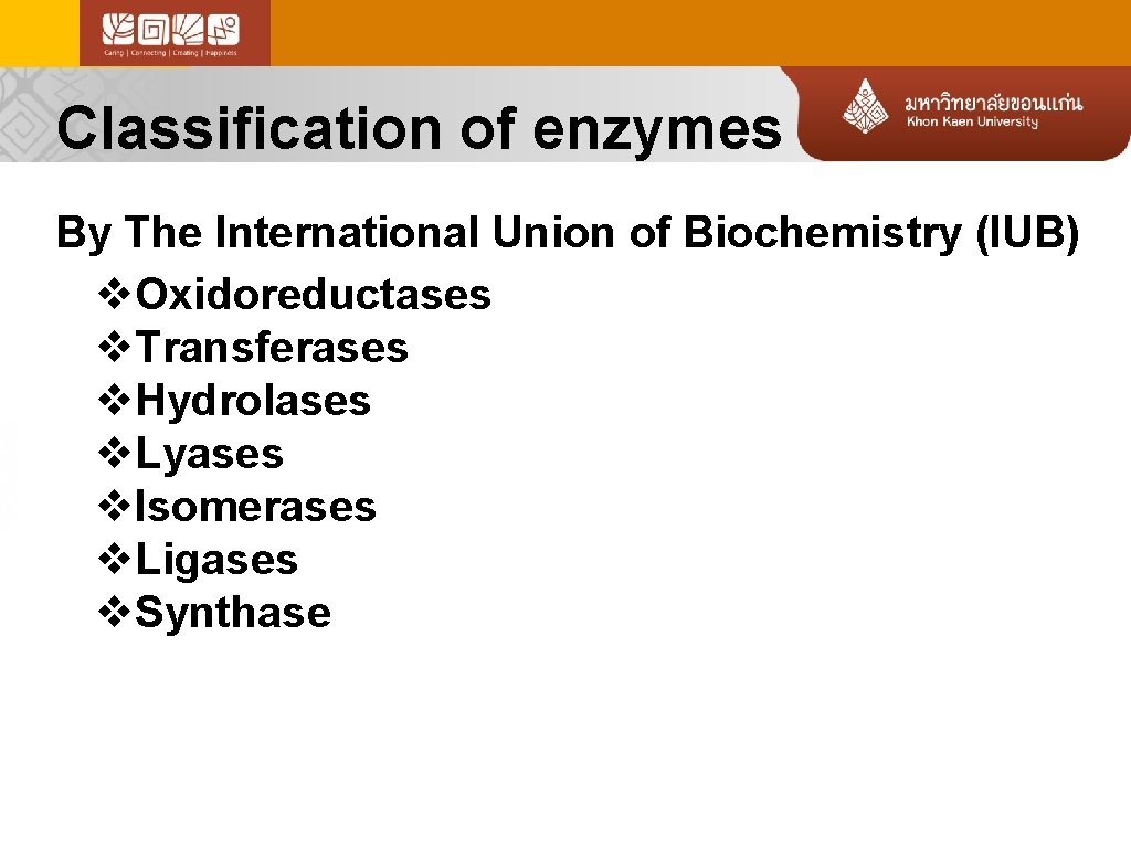 Classification of enzymes By The International Union of Biochemistry (IUB) v. Oxidoreductases v. Transferases