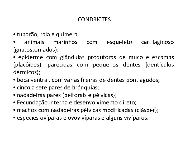 CONDRICTES • tubarão, raia e quimera; • animais marinhos com esqueleto cartilaginoso (gnatostomados); •