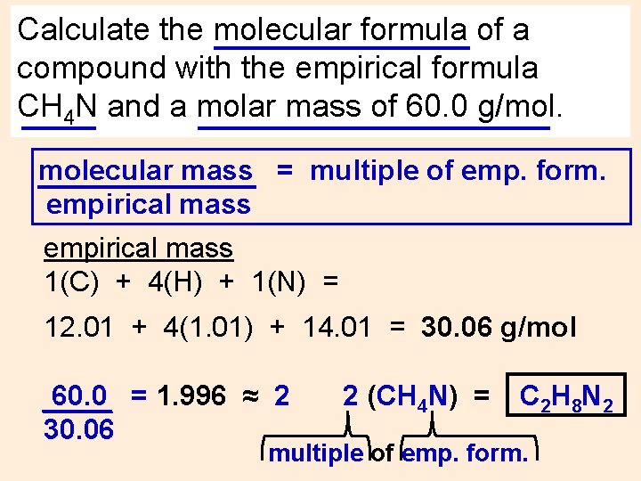 Calculate the molecular formula of a compound with the empirical formula CH 4 N