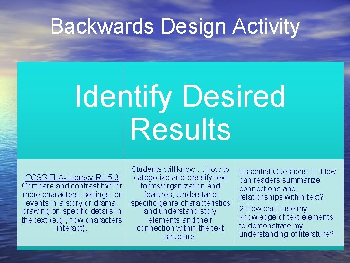 Backwards Design Activity Identify Desired Results CCSS. ELA-Literacy. RL. 5. 3 Compare and contrast