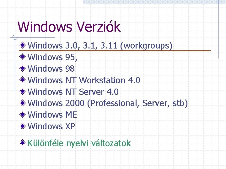 Windows Verziók Windows Windows 3. 0, 3. 11 (workgroups) 95, 98 NT Workstation 4.