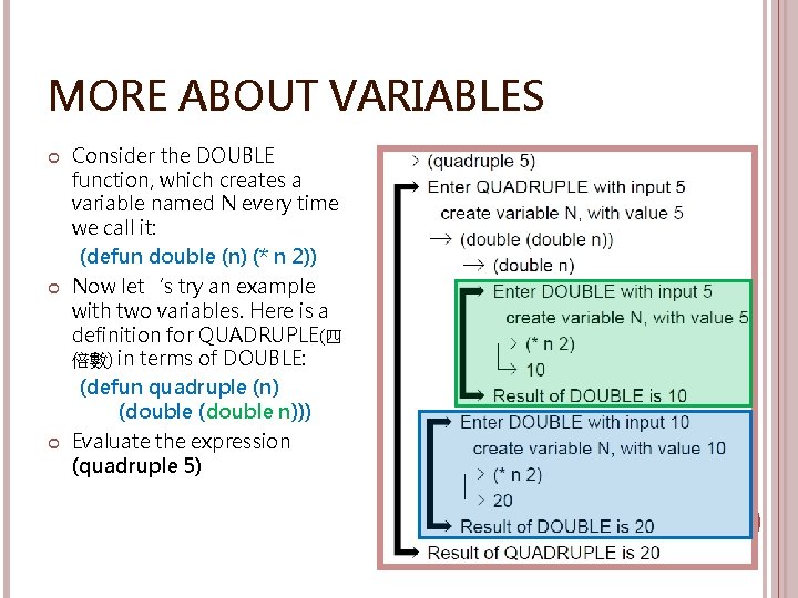 MORE ABOUT VARIABLES Consider the DOUBLE function, which creates a variable named N every