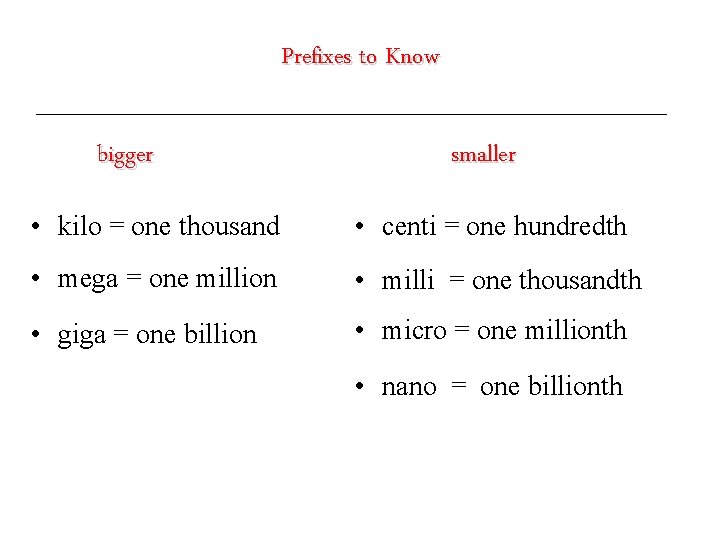 Prefixes to Know bigger smaller • kilo = one thousand • centi = one