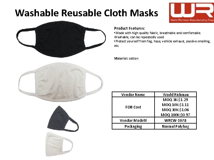 Washable Reusable Cloth Masks Product Features: • Made with high quality fabric, breathable and