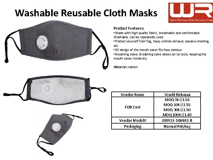 Washable Reusable Cloth Masks Product Features: • Made with high quality fabric, breathable and