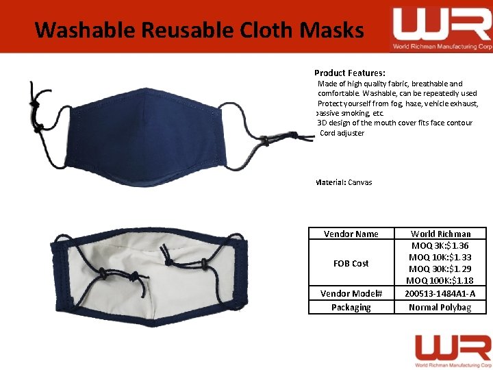 Washable Reusable Cloth Masks Product Features: • Made of high quality fabric, breathable and