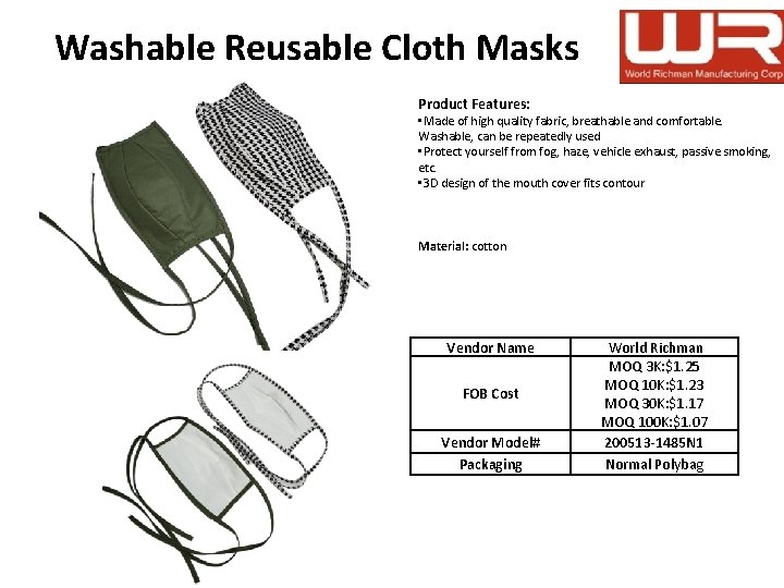 Washable Reusable Cloth Masks Product Features: • Made of high quality fabric, breathable and