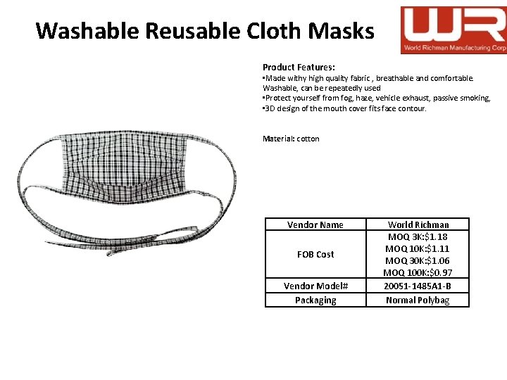 Washable Reusable Cloth Masks Product Features: • Made withy high quality fabric , breathable