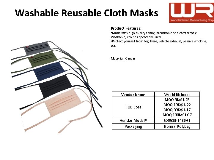 Washable Reusable Cloth Masks Product Features: • Made with high quality fabric, breathable and