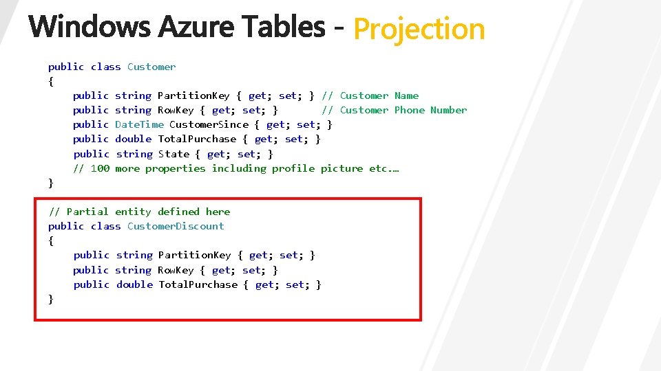 Projection public class Customer { public string Partition. Key { get; set; } //