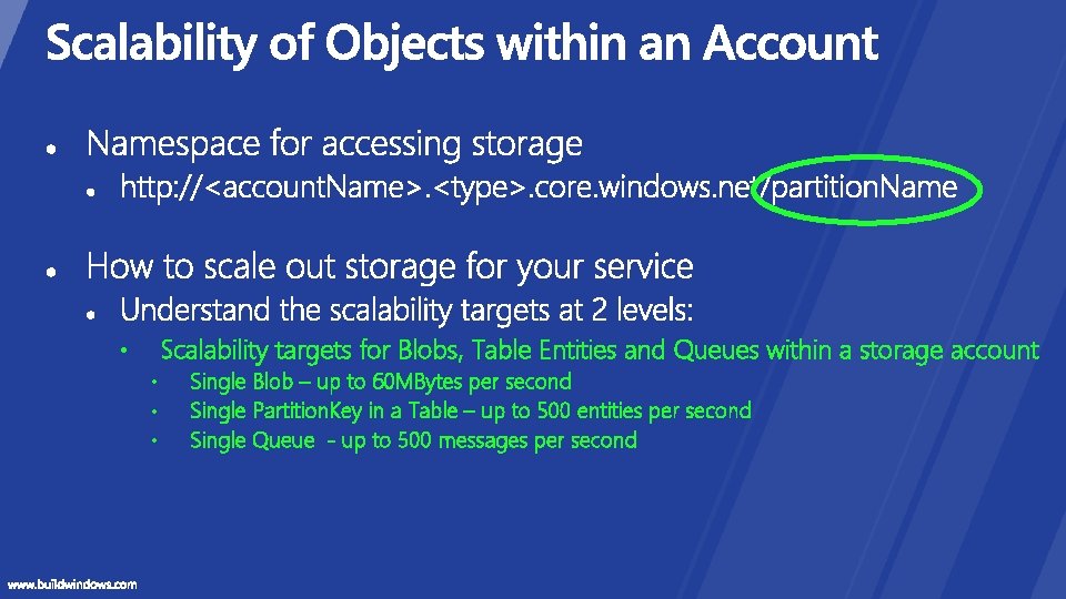 Scalability targets for Blobs, Table Entities and Queues within a storage account • •