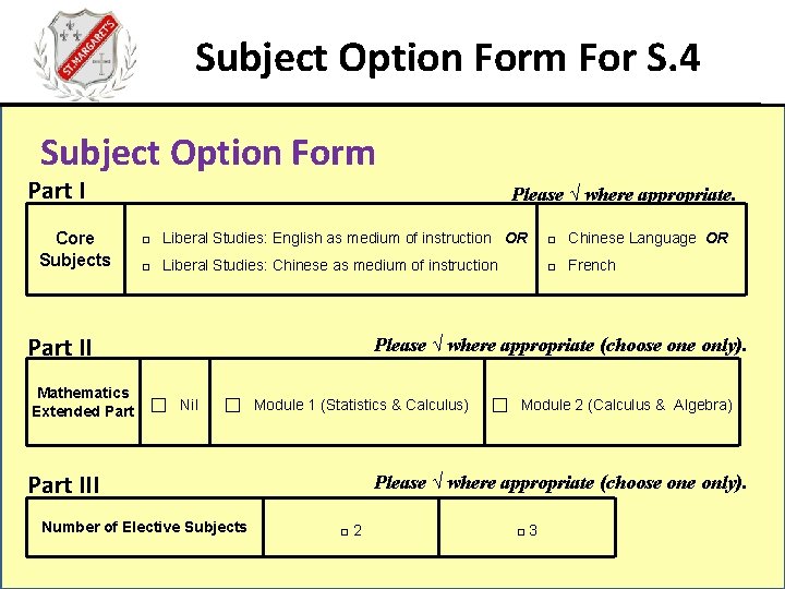 Subject Option Form For S. 4 Subject Option Form Part I Core Subjects Please