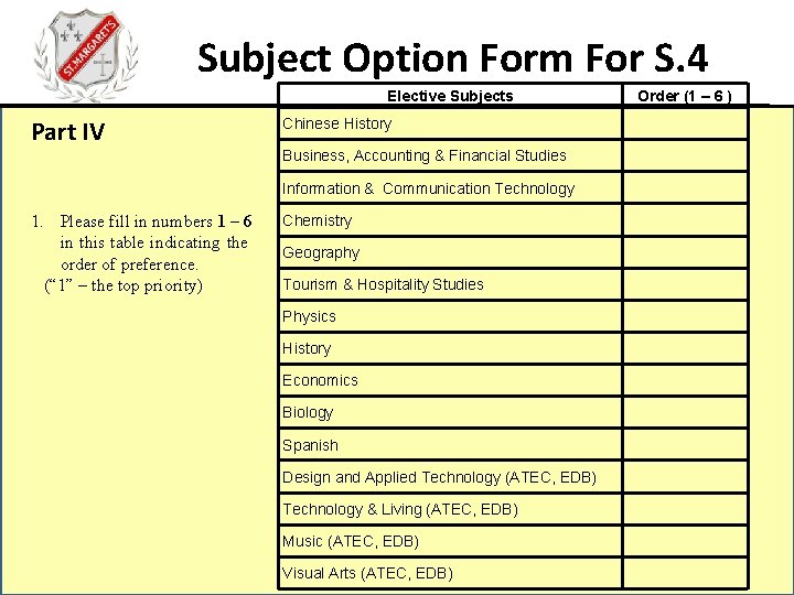Subject Option Form For S. 4 Elective Subjects Part IV Chinese History Business, Accounting