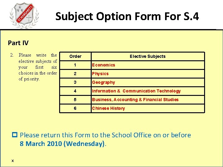 Subject Option Form For S. 4 Part IV 2. Please write the elective subjects