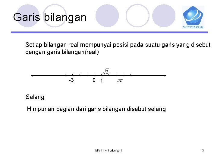 Garis bilangan Setiap bilangan real mempunyai posisi pada suatu garis yang disebut dengan garis