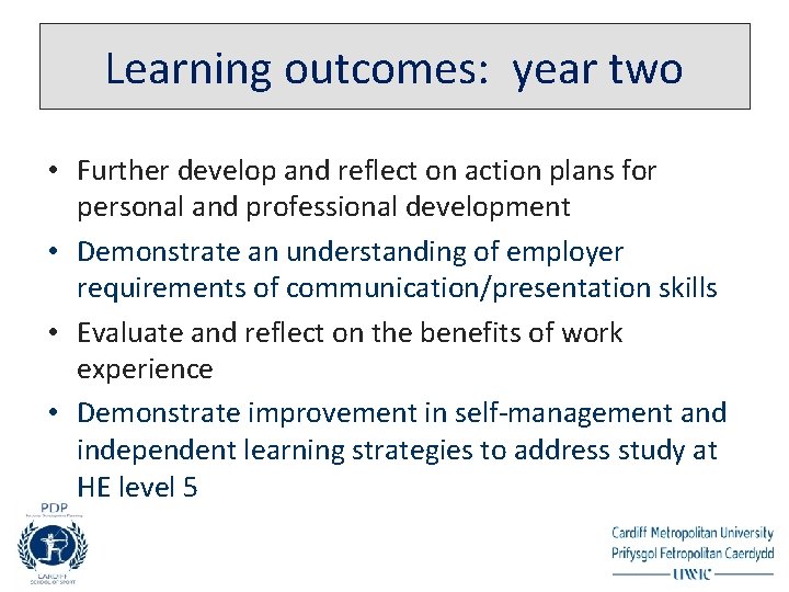 Learning outcomes: year two • Further develop and reflect on action plans for personal