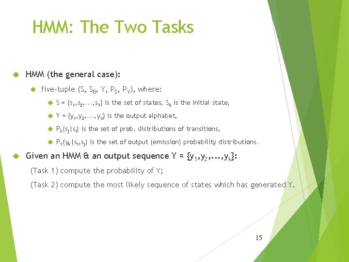 HMM: The Two Tasks HMM (the general case): five-tuple (S, S 0, Y, PS,