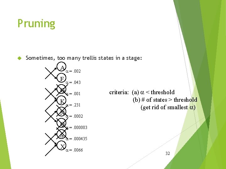 Pruning Sometimes, too many trellis states in a stage: A a =. 002 F