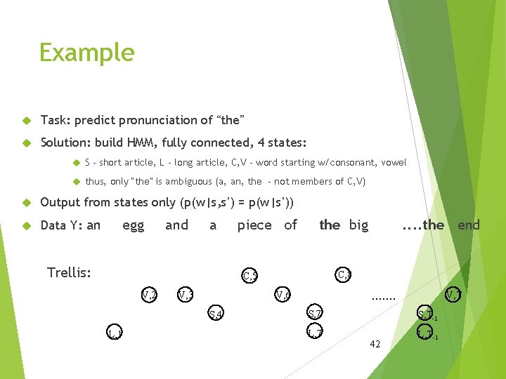 Example Task: predict pronunciation of “the” Solution: build HMM, fully connected, 4 states: S