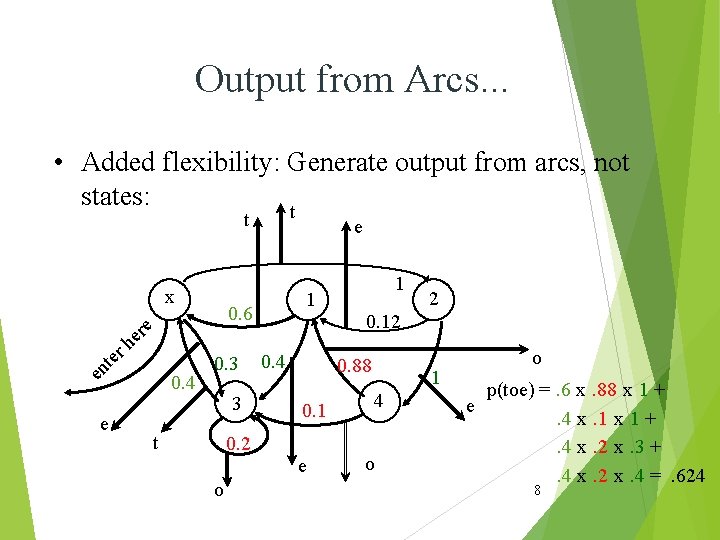 Output from Arcs. . . • Added flexibility: Generate output from arcs, not states: