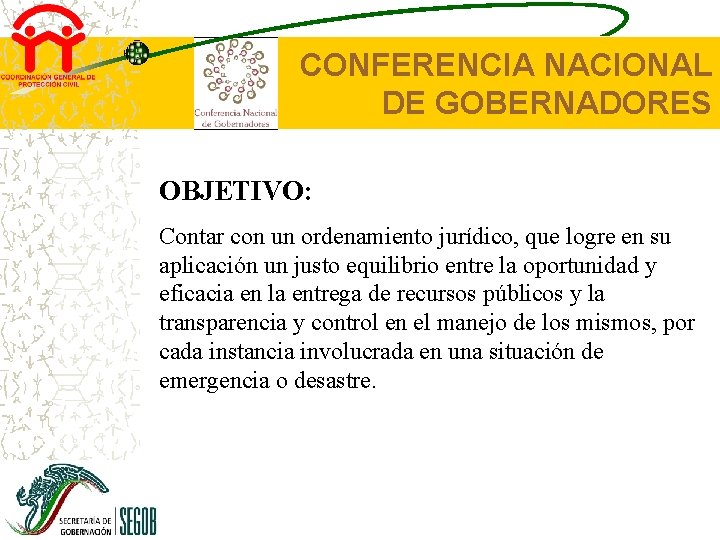 CONFERENCIA NACIONAL DE GOBERNADORES OBJETIVO: Contar con un ordenamiento jurídico, que logre en su