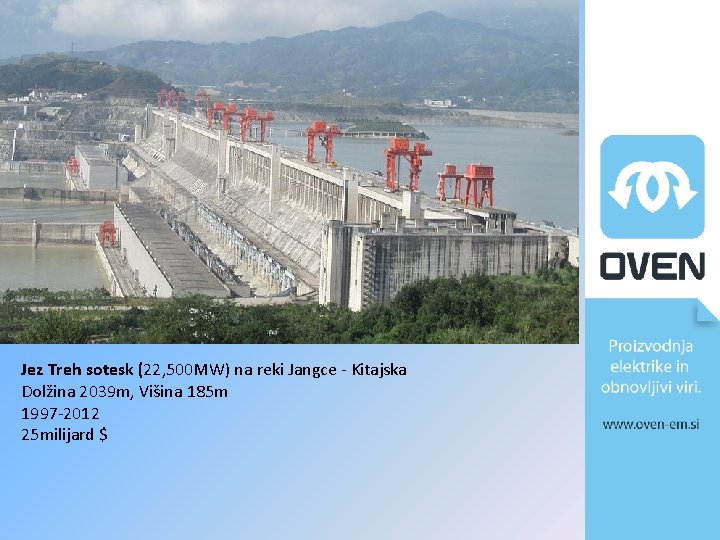 Jez Treh sotesk (22, 500 MW) na reki Jangce - Kitajska Dolžina 2039 m,