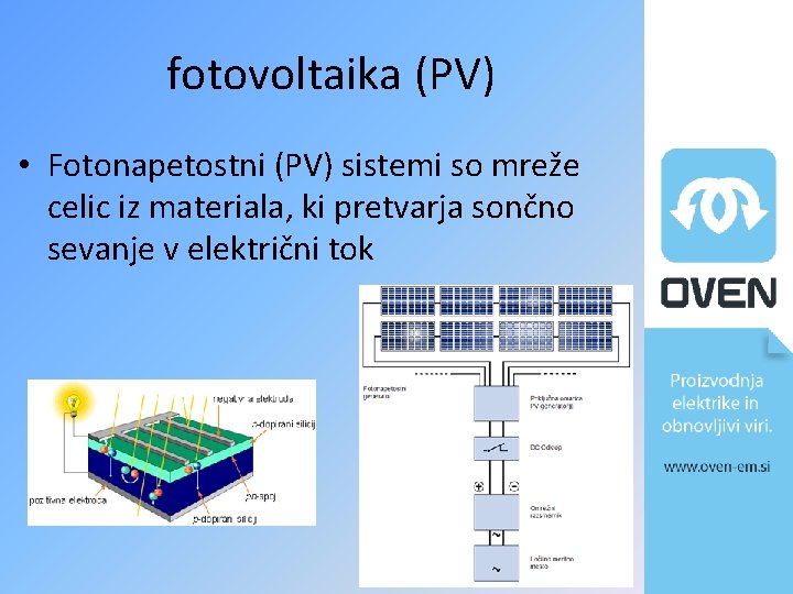 fotovoltaika (PV) • Fotonapetostni (PV) sistemi so mreže celic iz materiala, ki pretvarja sončno