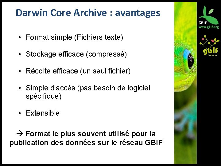 Darwin Core Archive : avantages • Format simple (Fichiers texte) • Stockage efficace (compressé)