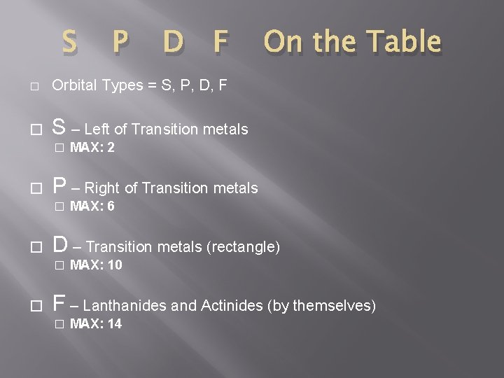 S P D F � Orbital Types = S, P, D, F � S