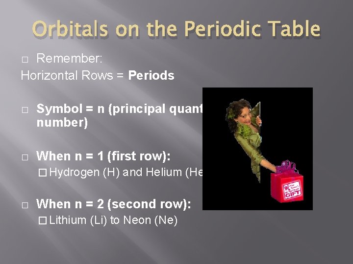 Orbitals on the Periodic Table Remember: Horizontal Rows = Periods � � Symbol =