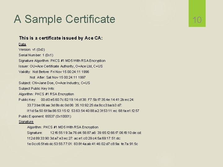 A Sample Certificate This is a certificate issued by Ace CA: Data Version: v