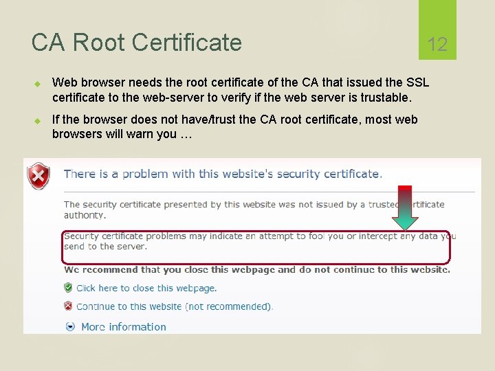 CA Root Certificate 12 Web browser needs the root certificate of the CA that