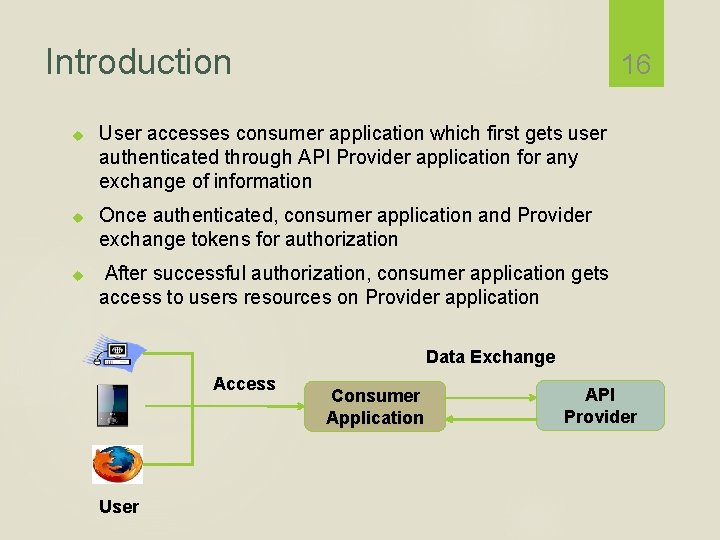 Introduction 16 User accesses consumer application which first gets user authenticated through API Provider