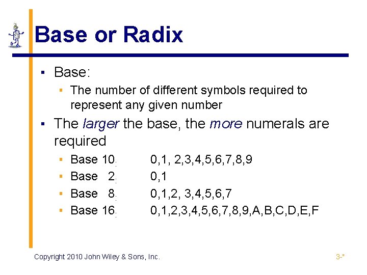 Base or Radix ▪ Base: ▪ The number of different symbols required to represent