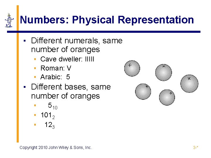 Numbers: Physical Representation ▪ Different numerals, same number of oranges ▪ Cave dweller: IIIII